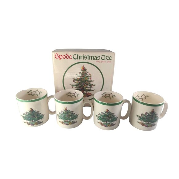 Vintage Spode Christmas Tree Tom & Jerry Mug Set 4 Mugs In Box-One Mug Chipped - Picture 4 of 15